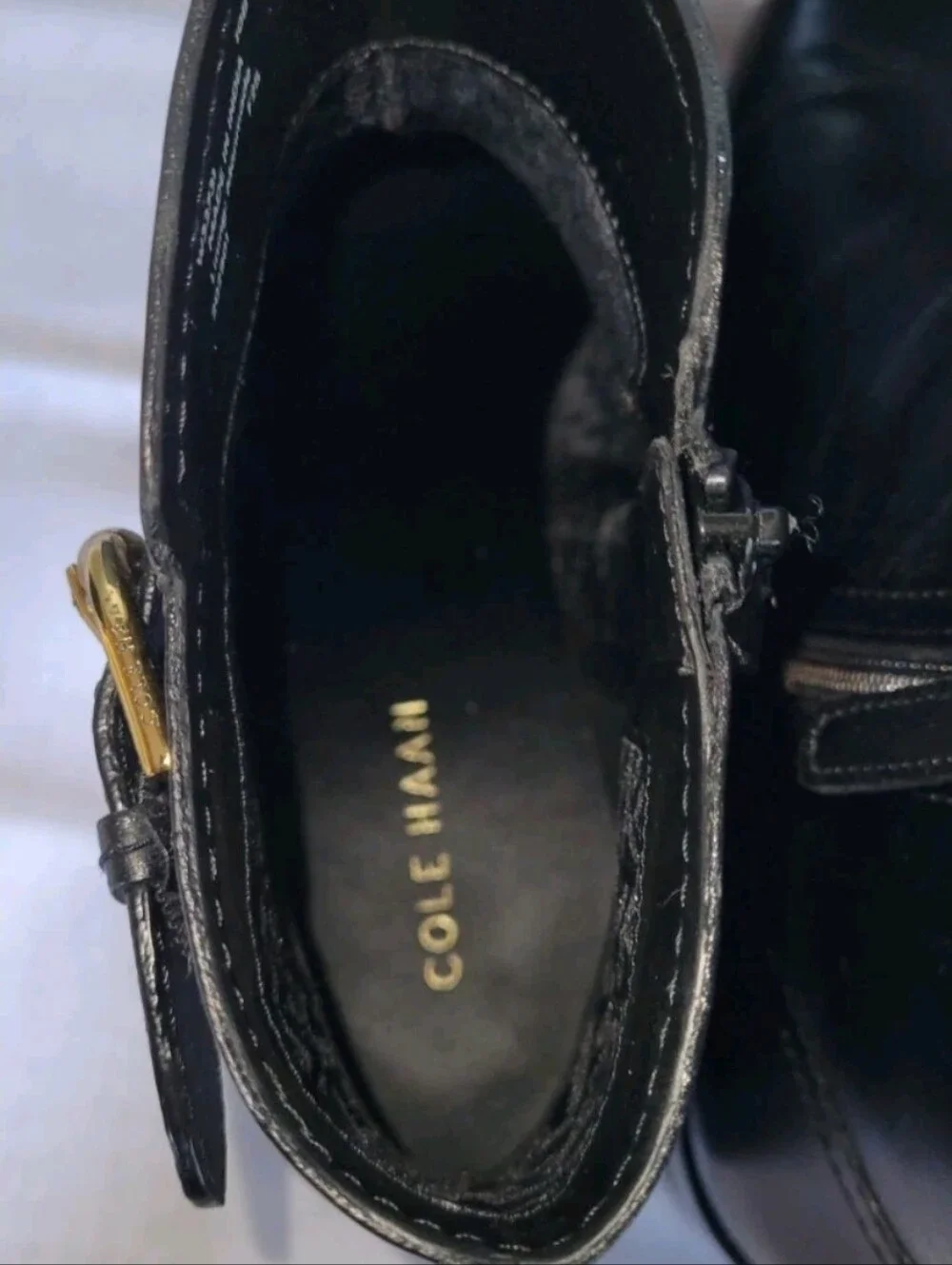 Cole Haan Women's Hanover Black Leather Ankle Boots with Gold Buckle